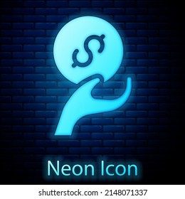 Glowing neon Donation and charity icon isolated on brick wall background. Donate money and charity concept. Vector