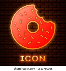 Glowing neon Donut with sweet glaze icon isolated on brick wall background.  Vector Illustration