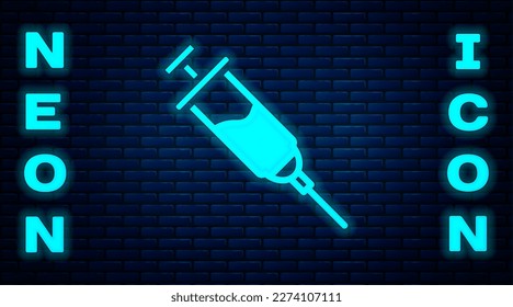 Leuchtendes Neon Doping-Spritzensymbol einzeln auf Ziegelmauern-Hintergrund.  Vektorgrafik
