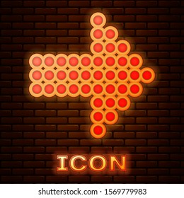 Glowing neon Dots arrow icon isolated on brick wall background. Halftone arrow. Dotted arrow sign.  Vector Illustration