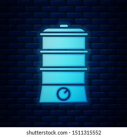 Glowing neon Double boiler icon isolated on brick wall background.  Vector Illustration