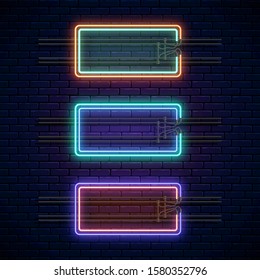 Glowing neon double rectangular frames on dark brick wall background. Neon light banners set. Realistic glow signboard. Vector illustration. Glowing borders for empty place for text or inscription.