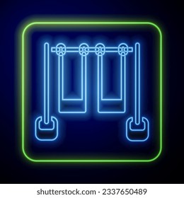 Glowing neon Double swing for kids summer games on playground icon isolated on blue background. Outdoor entertainment equipment.  Vector