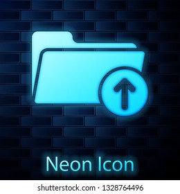 Glowing neon Download arrow with folder icon isolated on brick wall background. Vector Illustration