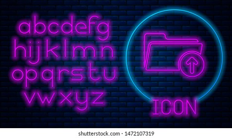 Glowing neon Download arrow with folder icon isolated on brick wall background. Neon light alphabet. Vector Illustration