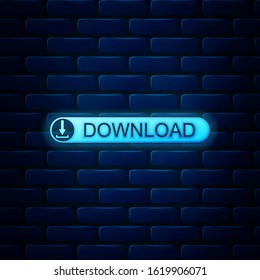 Glowing neon Download button with arrow icon isolated on brick wall background. Upload button. Load symbol.  Vector Illustration