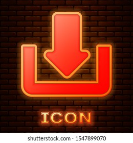 Glowing Neon Download Icon Isolated On Brick Wall Background. Upload Button. Load Symbol. Arrow Point To Down.  Vector Illustration