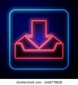 Glowing neon Download inbox icon isolated on blue background.  Vector Illustration