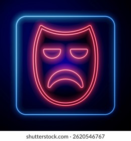 Néon brilhante Drama ícone da máscara teatral isolado no fundo preto.  Vetor