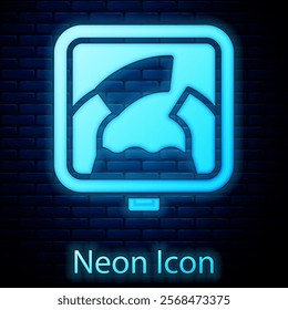 Glowing neon Drawbridge ahead icon isolated on brick wall background. Information road sign.  Vector