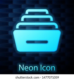 Glowing neon Drawer with documents icon isolated on brick wall background. Archive papers drawer. File Cabinet Drawer. Office furniture.  Vector Illustration