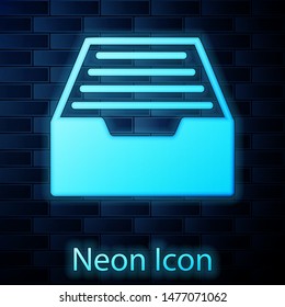 Glowing neon Drawer with documents icon isolated on brick wall background. Archive papers drawer. File Cabinet Drawer. Office furniture.  Vector Illustration