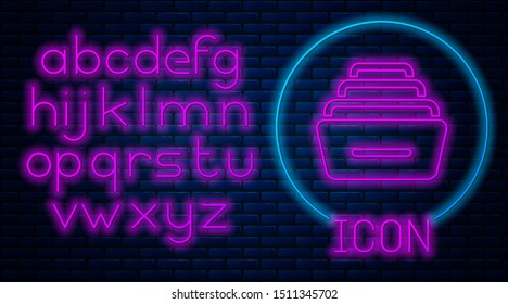 Glowing neon Drawer with documents icon isolated on brick wall background. Archive papers drawer. File Cabinet Drawer. Office furniture. Neon light alphabet. Vector Illustration