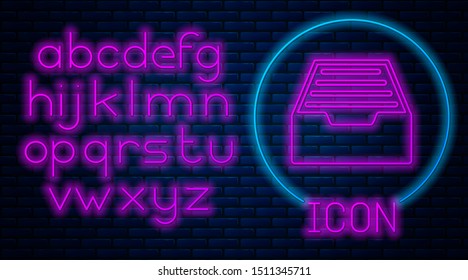 Glowing neon Drawer with documents icon isolated on brick wall background. Archive papers drawer. File Cabinet Drawer. Office furniture. Neon light alphabet. Vector Illustration