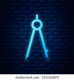 Glowing neon Drawing compass icon isolated on brick wall background. Compasses sign. Drawing and educational tools. Geometric instrument.  Vector Illustration