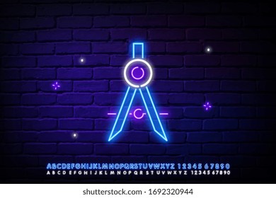 Dibujo de neón brillante de un icono de brújula aislado contra un fondo de pared de ladrillo. El signo de la brújula. Herramientas de dibujo y educación. Herramienta geométrica. ilustración vectorial