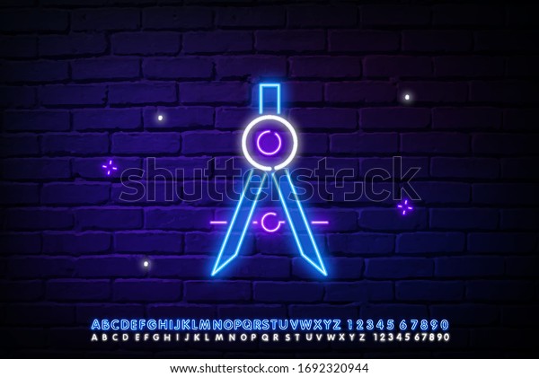 Glowing neon drawing\
of a compass icon isolated against a brick wall background. The\
sign of the compass. Drawing and educational tools. Geometric tool.\
vector illustration