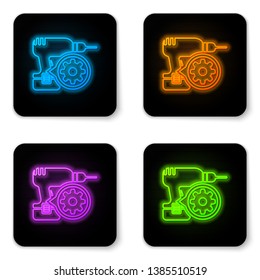Glowing neon Drill machine and gear icon isolated on white background. Adjusting app, service concept, setting options, maintenance, repair, fixing. Black square button. Vector Illustration