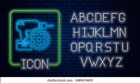 Glowing neon Drill machine and gear icon isolated on brick wall background. Adjusting app, service concept, setting options, maintenance, repair, fixing. Neon light alphabet. Vector Illustration