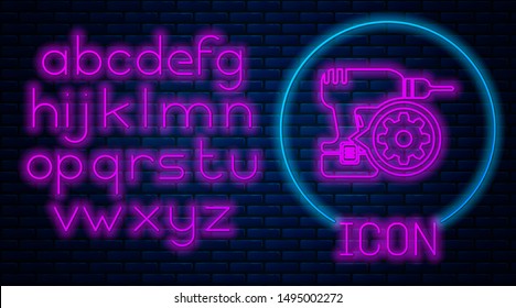 Glowing neon Drill machine and gear icon isolated on brick wall background. Adjusting app, service concept, setting options, maintenance, repair, fixing. Neon light alphabet. Vector Illustration