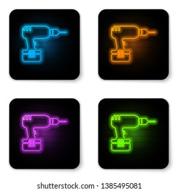 Glowing neon Drill machine icon isolated on white background. Black square button. Vector Illustration