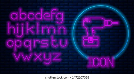 Glowing neon Drill machine icon isolated on brick wall background. Neon light alphabet. Vector Illustration