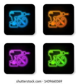 Glowing neon Drill machine with screwdriver and wrench icon isolated on white background. Adjusting, service, setting, maintenance, repair, fixing. Black square button. Vector Illustration