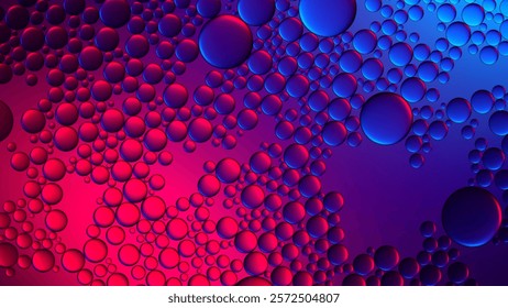 Glowing neon droplets floating in water with a vibrant soft gradient background. Closeup vibrant beauty of oil bubbles on water with rich colors and futuristic trendy aesthetics. Vector illustration