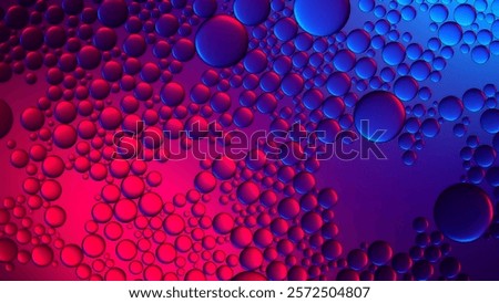 Glowing neon droplets floating in water with a vibrant soft gradient background. Closeup vibrant beauty of oil bubbles on water with rich colors and futuristic trendy aesthetics. Vector illustration