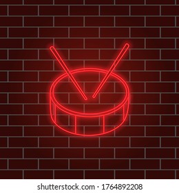 Glowing neon drum, musical instrument. Red light. Vector illustration.