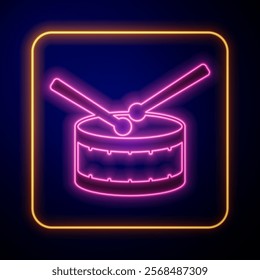 Glowing neon Drum with drum sticks icon isolated on black background. Music sign. Musical instrument symbol.  Vector