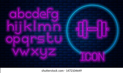 Glowing neon Dumbbell icon isolated on brick wall background. Muscle lifting icon, fitness barbell, gym icon, sports equipment symbol, exercise bumbbell. Neon light alphabet. Vector Illustration