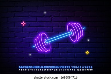 Glowing neon Dumbbell icon isolated on brick wall background. Muscle lifting icon, fitness barbell, gym icon, sports equipment symbol, exercise bumbbell. Vector Illustration