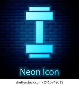 Glowing neon Dumbbell icon isolated on brick wall background. Muscle lifting icon, fitness barbell, gym, sports equipment, exercise bumbbell.  Vector