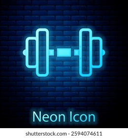 Glowing neon Dumbbell icon isolated on brick wall background. Muscle lifting, fitness barbell, sports equipment.  Vector
