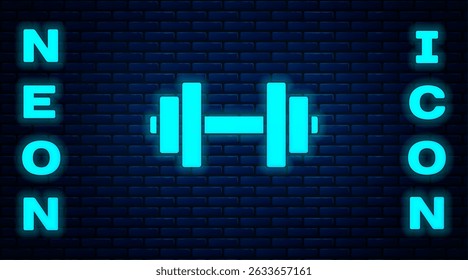 Glowing neon Dumbbell icon isolated on brick wall background. Muscle lifting icon, fitness barbell, gym, sports equipment, exercise bumbbell.  Vector Illustration