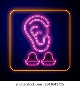 Glowing neon Earplugs and ear icon isolated on black background. Ear plug sign. Noise symbol. Sleeping quality concept.  Vector