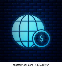 Glowing neon Earth globe with dollar symbol icon isolated on brick wall background. World or Earth sign. Global internet symbol. Geometric shapes.  Vector Illustration