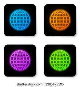 Glowing neon Earth globe icon isolated on white background. Black square button. Vector Illustration