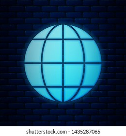 Glowing neon Earth globe icon isolated on brick wall background. World or Earth sign. Global internet symbol. Geometric shapes.  Vector Illustration