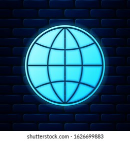 Glowing neon Earth globe icon isolated on brick wall background. World or Earth sign. Global internet symbol. Geometric shapes.  Vector Illustration