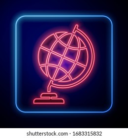 Glowing neon Earth globe icon isolated on blue background.  Vector Illustration