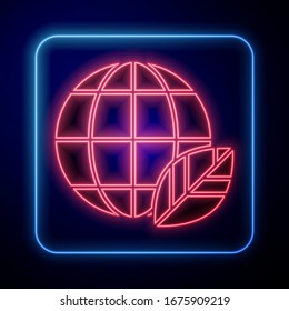 Glowing neon Earth globe and leaf icon isolated on blue background. World or Earth sign. Geometric shapes. Environmental concept.  Vector Illustration
