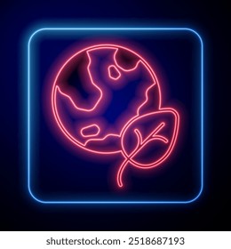 Brilhante neon globo terrestre e ícone de folha isolado Fundo de neon brilhante. Símbolo do mundo ou da Terra. Formas geométricas. Conceito ambiental.  Vetor