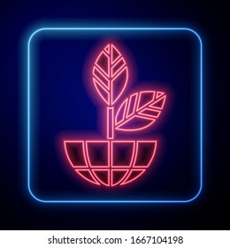 Glowing neon Earth globe and plant icon isolated on blue background. World or Earth sign. Geometric shapes. Environmental concept.  Vector Illustration
