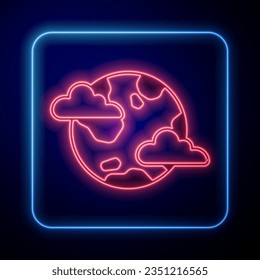 Glowing neon Earth planet with clouds icon isolated on black background. Earth globe with atmosphere covered by clouds and gases.  Vector