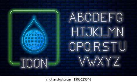 Glowing neon Earth planet in water drop icon isolated on brick wall background. World globe and water drop. Saving water and world environmental protection. Neon light alphabet. Vector Illustration