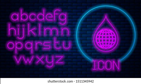 Glowing neon Earth planet in water drop icon isolated on brick wall background. World globe and water drop. Saving water and world environmental protection. Neon light alphabet. Vector Illustration