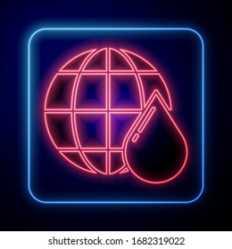 Glowing neon Earth planet in water drop icon isolated on blue background. Saving water and world environmental protection.  Vector Illustration