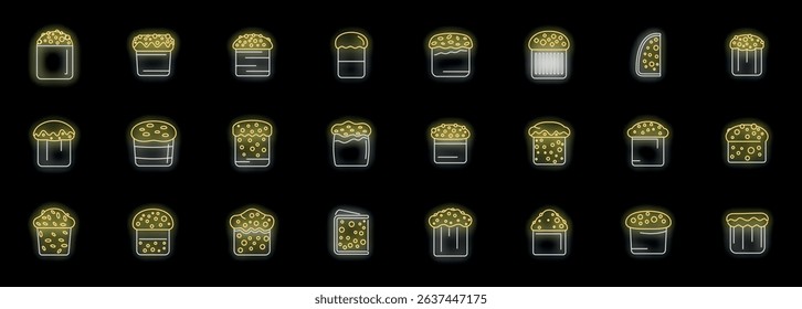 Glowing neon easter cake icons, traditional kulich with icing and decoration for festive celebration